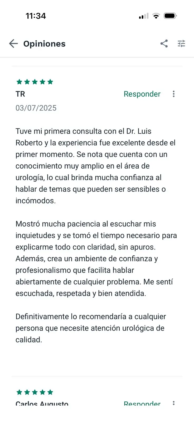 Reseña de paciente sobre primera consulta