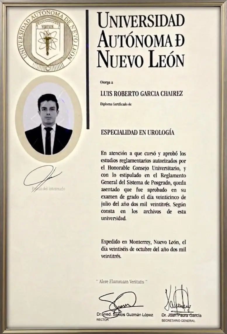 Diploma de Especialidad en Urología UANL del Dr. García Chairez